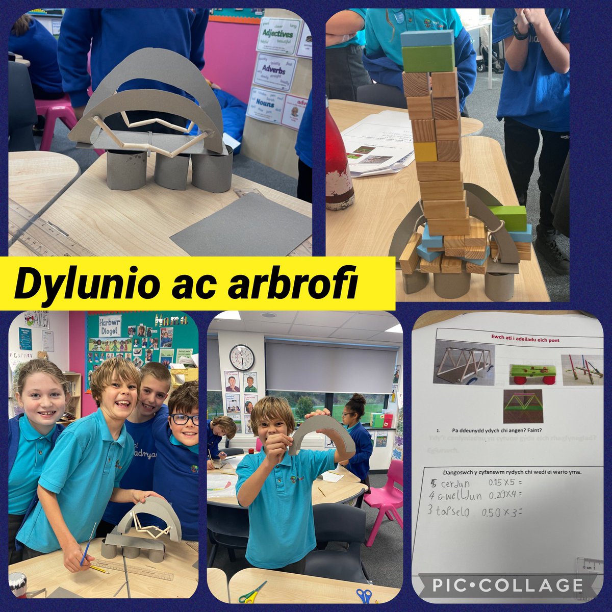 YsgolHamadryad's tweet photo. Mae peirianwyr y dyfodol o ddosbarth #pinwydden5 wedi gweithio fel #urienuchelgeisiol heddiw yn cynllunio, mesur, adeiladu ac arbrofi i ganfod beth sy’n gwneud pont gref. Cydweithio penigamp 🤩🌉 #STEM #TAPSCymru @ITEcardiffmet https://t.co/rWMGnJ3SW7
