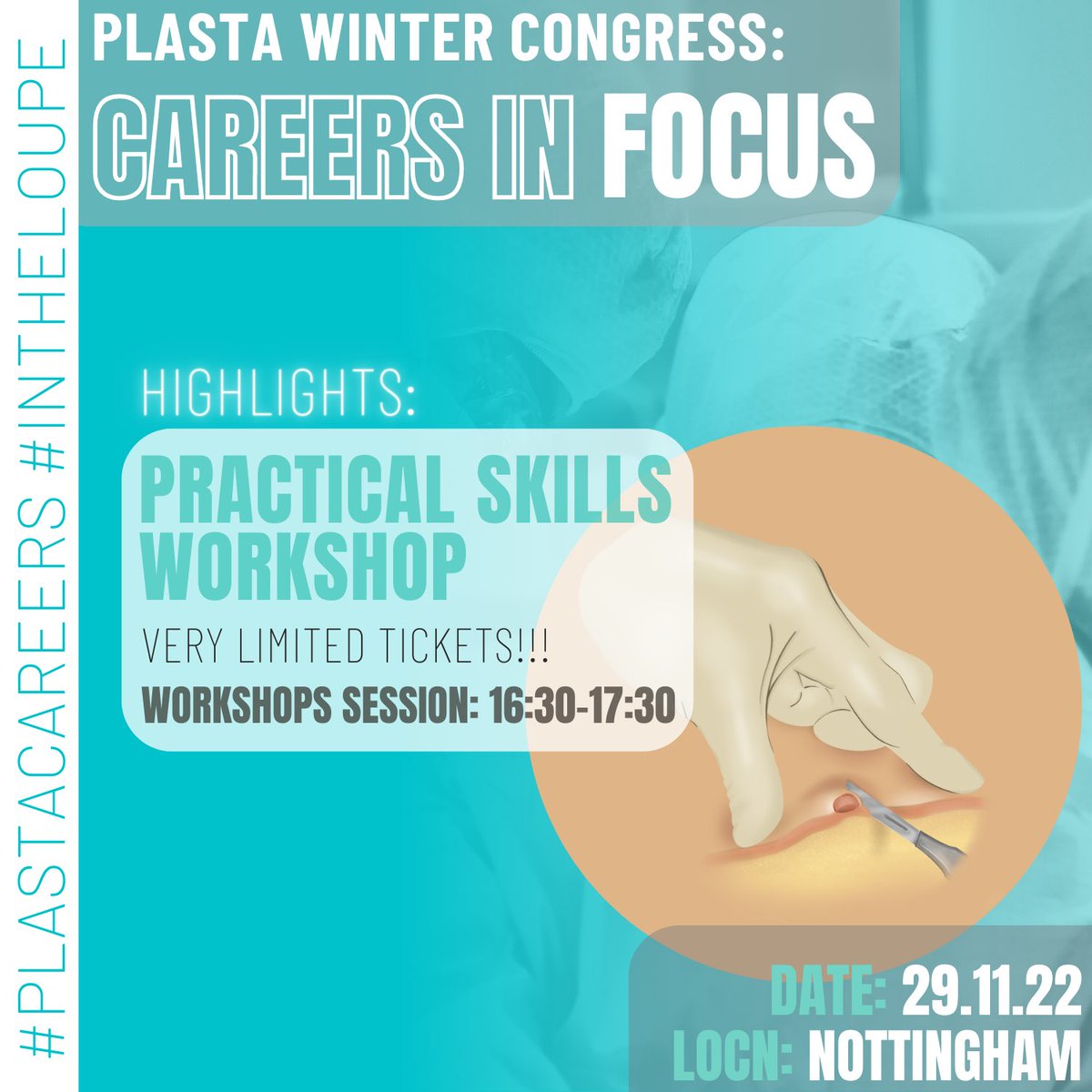 PLASTAUK's tweet photo. 📣 Winter Congress Workshop Announcements! 📣

PLASTA are delighted to host these fantastic FREE workshops:

✋Practical skills workshop (incl tendon repair, local flaps)!

🗣️ Allyship &amp; Advocacy by @MelaninMedics 

Register 👉 https://t.co/y1GyyqWkB7

 #InTheLoupe #PLASTACareers https://t.co/6oycZb46l9