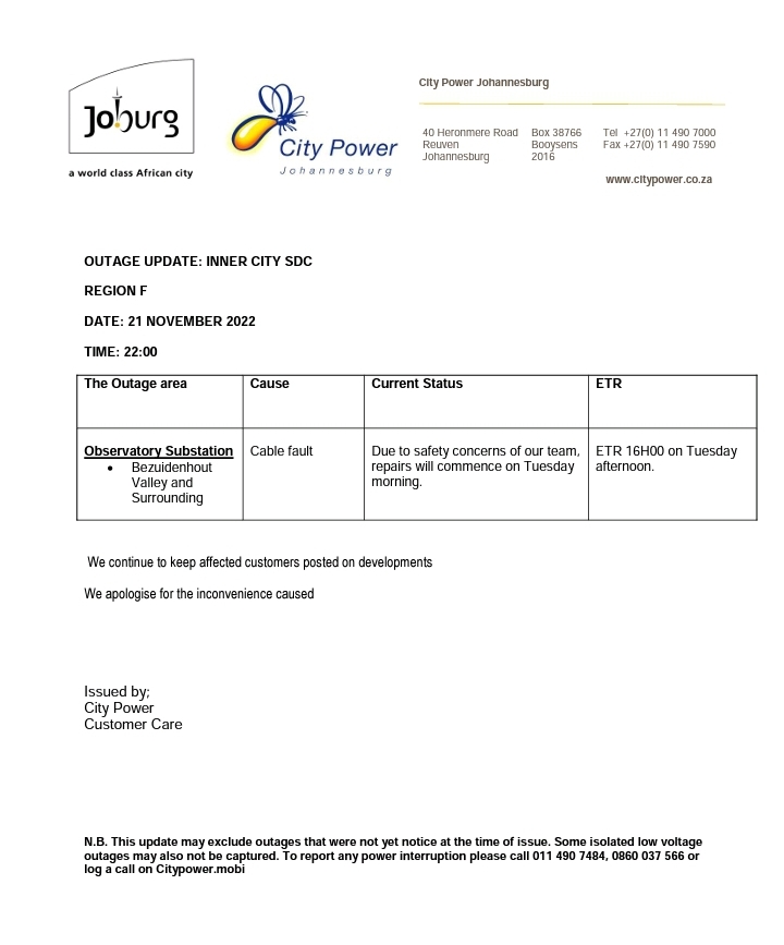 CityPowerJhb's tweet photo. Region F #Siemert

#ObservatorySub: Please see an update below. ^NT https://t.co/mKOGXohbuu