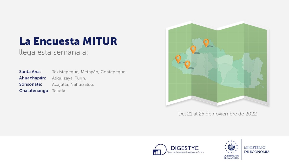 EconomiaSV's tweet photo. 📢 Del 21 al 25 de noviembre, equipo de #DIGESTYC recabará datos socioeconómicos y demanda turística interna, a través del mapeo y encuestas:
✅Hogares de Propósitos Múltiples #EHPM
✅MITUR

Del 21 al 27 de noviembre:
✅Uso del Tiempo

👇Conoce los detalles: https://t.co/6QUUtPFUZu