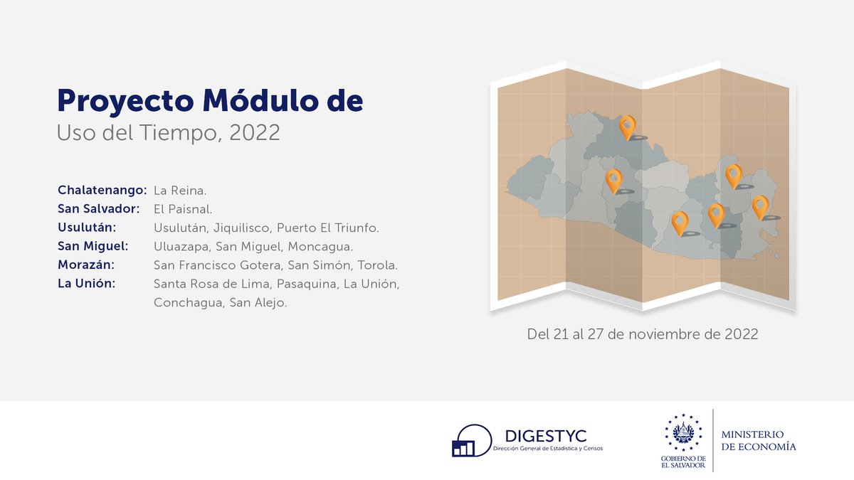 EconomiaSV's tweet photo. 📢 Del 21 al 25 de noviembre, equipo de #DIGESTYC recabará datos socioeconómicos y demanda turística interna, a través del mapeo y encuestas:
✅Hogares de Propósitos Múltiples #EHPM
✅MITUR

Del 21 al 27 de noviembre:
✅Uso del Tiempo

👇Conoce los detalles: https://t.co/6QUUtPFUZu