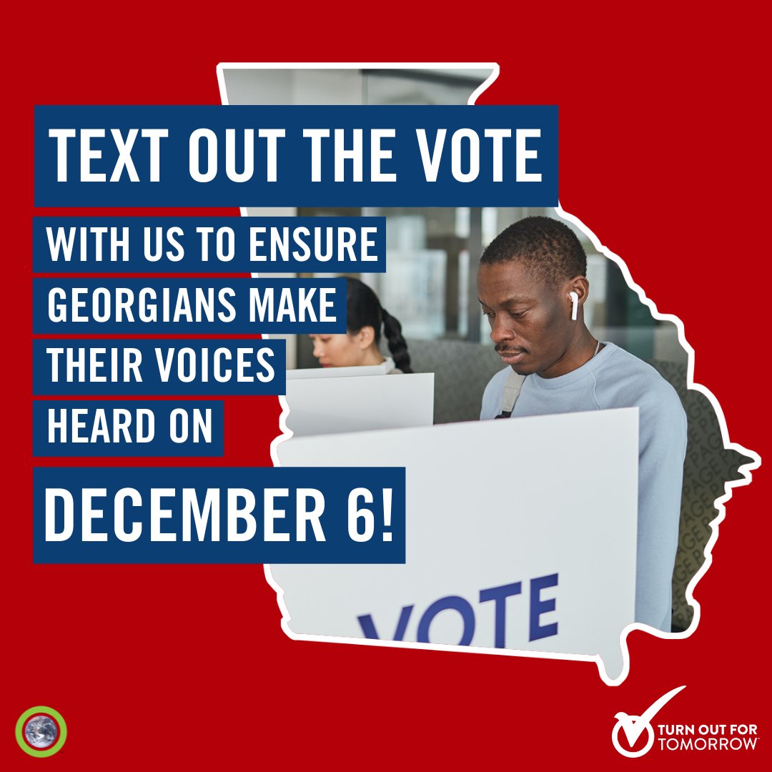 ClimateReality's tweet photo. Join us again as we #TextOutTheVote for Georgia's Senate #runoffelection on Dec 6. We only have 15 days to encourage voters to #VOTE! This past #midterm cycle, we reached over half a million voters with our peer-to-peer text program, so let's do it again! https://t.co/ST4RLobOhY https://t.co/HS9uB1o9E6