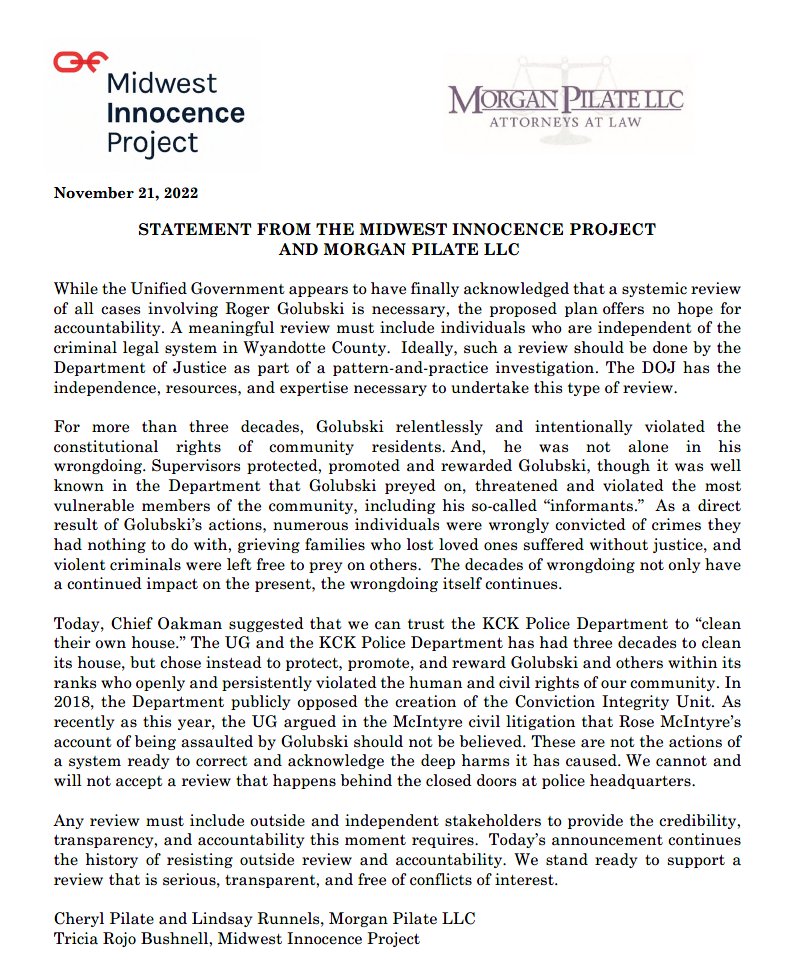 Any meaningful review of cases in Wyandotte County must include outside and independent stakeholders. Read our statement on the review proposed by the KCKPD and Wyandotte County District Attorney's Office.