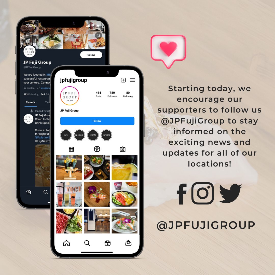 YoChaatQuincy's tweet photo. We are excited to announce that we are merging the following locations’ social media pages into JP Fuji Group. We encourage our supporters to follow us @JPFujiGroup to stay informed on the exciting news and updates for all our locations! 🍯 https://t.co/qroUgiQ5oW
