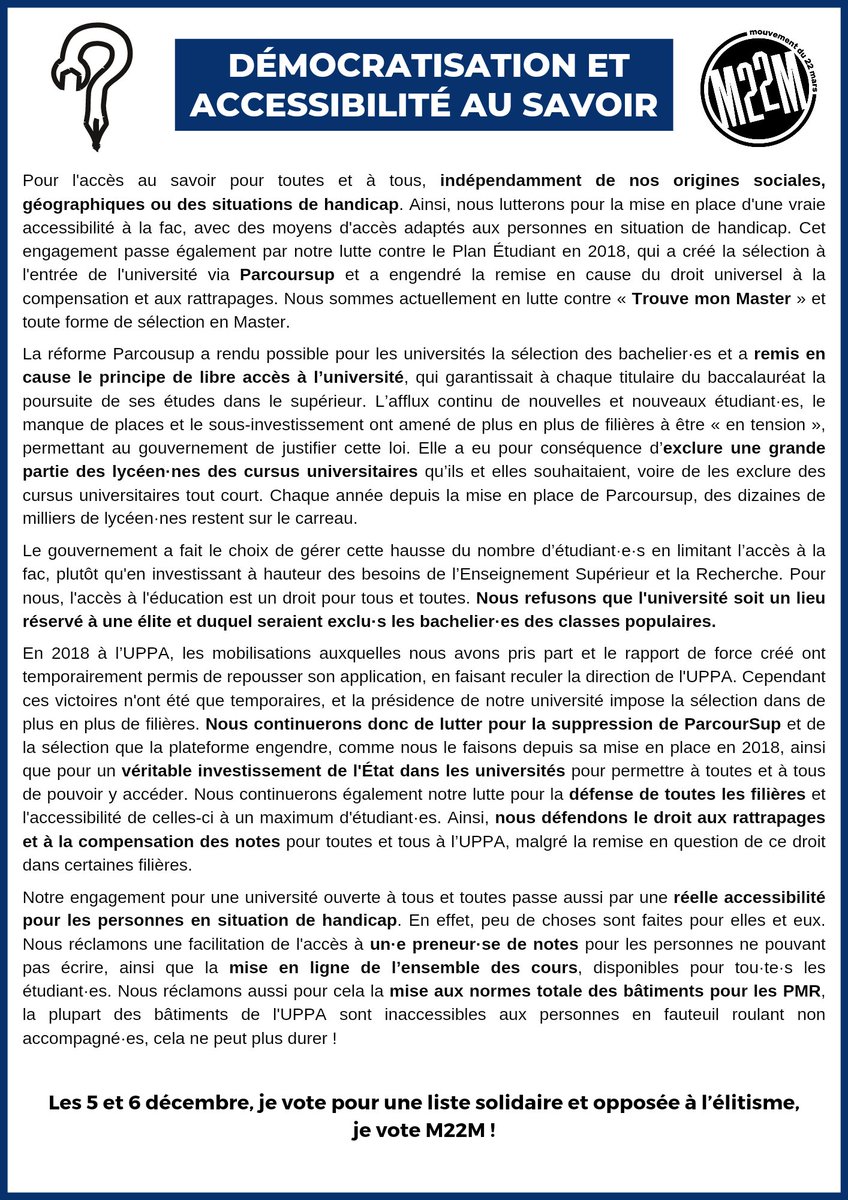 Bonjour, Adishatz, Egun on !
Tous les soirs, nous publierons un des 8 axes de notre programme, en version plus développé.
✏️ Aujourd'hui, Démocratisation et accessibilité au savoir  ⬇️
Les 5 et 6 décembre, je vote pour une liste solidaire et opposée à l'élitisme, je vote M22M !