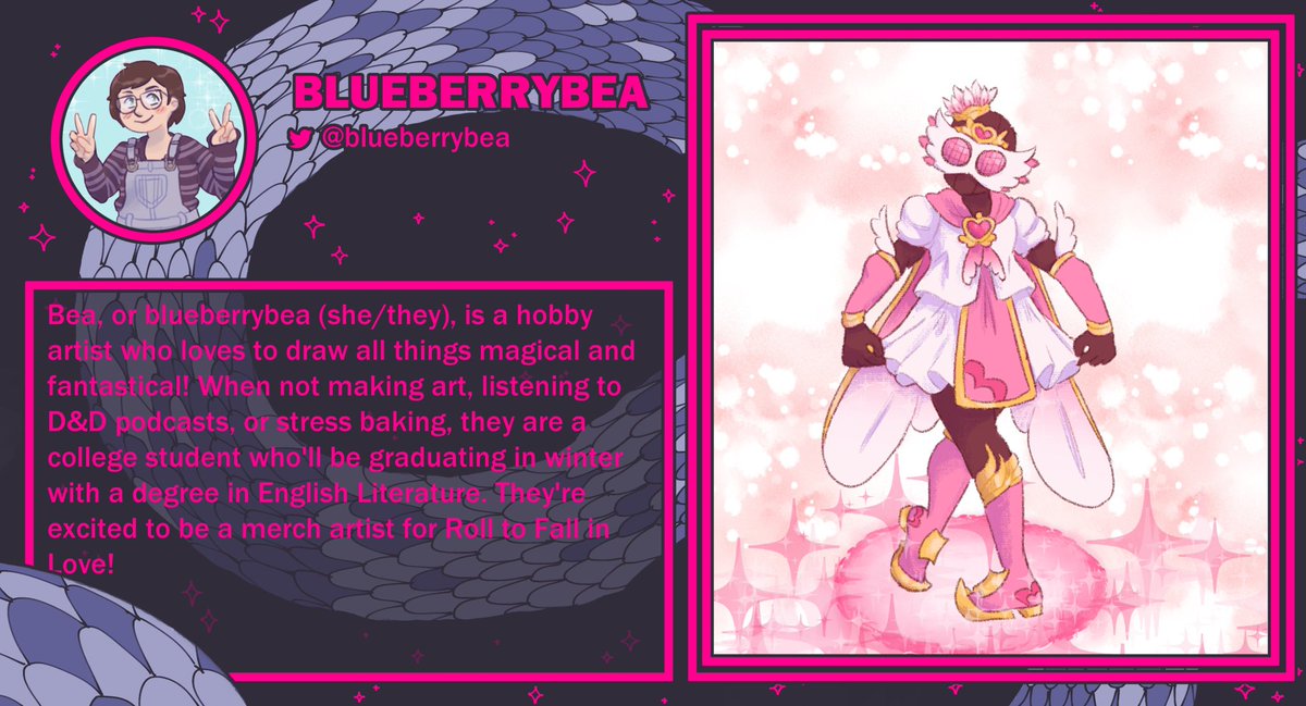 ･ﾟ:* Contributor Spotlight･ﾟ:* 

Introducing our next contributor, Bea!

They will be contributing as a merch artist for the zine.
<a href="/bIueberrybea/">blueberrybea</a> #damesanddragons #rolltofallinlovezine