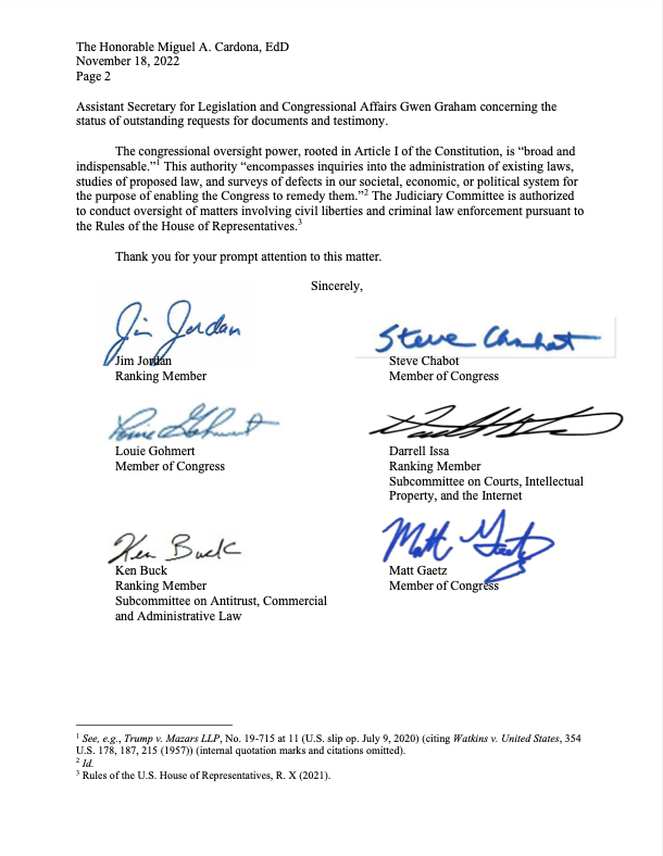 KevinKileyCA's tweet photo. Congress will investigate the Administration's "misuse of federal criminal and counterterrorism resources to target concerned parents at school board meetings." https://t.co/iqGw2QPutI