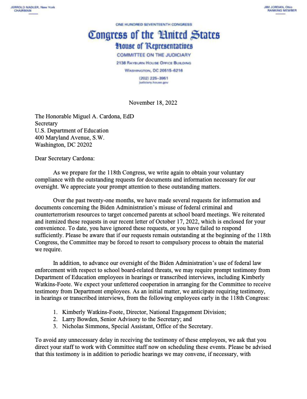 KevinKileyCA's tweet photo. Congress will investigate the Administration's "misuse of federal criminal and counterterrorism resources to target concerned parents at school board meetings." https://t.co/iqGw2QPutI