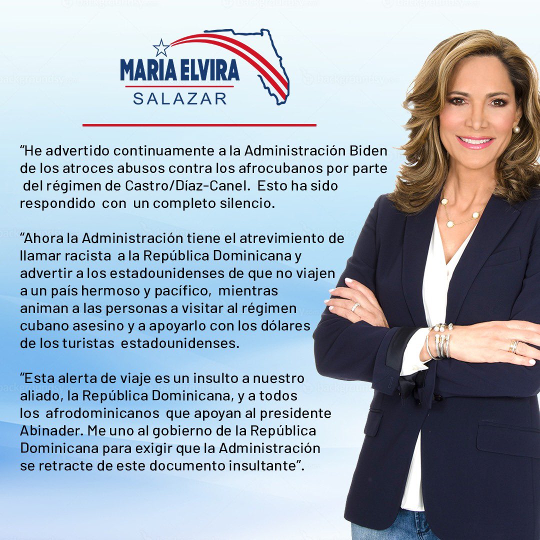 MaElviraSalazar's tweet photo. ¡La Administración Biden ha emitido una indignante alerta de viaje a República Dominicana! https://t.co/WDyNuiVM6d