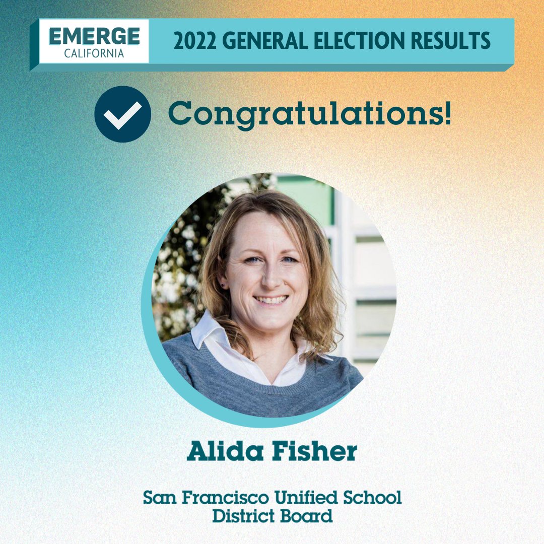 EmergeCA's tweet photo. ๐ฃ General Election WINS ๐ฃ
Congrats to #EmergeCA Alum candidates Alida Fisher for San Francisco Board of Education (@alidafisher), April Northrup for Belmont-Redwood Shores School Board (@AprilNorthrup1), and Rebecca Eisenberg for Santa Clara Valley Water District Board (@rle). https://t.co/mj8r6JBQ2g