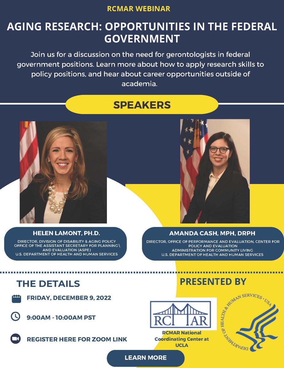 AGING RESEARCH: OPPORTUNITIES IN THE FEDERAL GOVERNMENT Webinar (Dec 9): Helen Lamont, Ph.D. and Amanda Cash, MPH, DrPH will present a webinar on aging research opportunities. Learn more/register here: ow.ly/u47T50LHytM