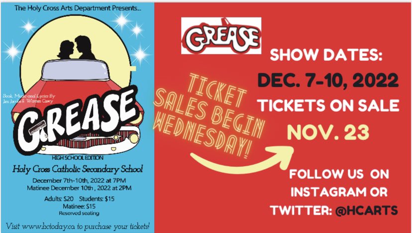 Tickets go on sale for <a href="/hcarts_/">Holy Cross Arts</a> musical production of Grease beginning Wednesday at 9am.🎶🎭
Visit hctoday.ca for the order link. #greaseistheword #WeAreHC