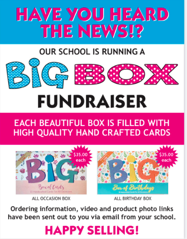 Our Big Box of Cards fundraiser is open on SchoolCashOnline until Friday, November 25th.
Each box sold earns one entry for the gift card prize draw! There are three different boxes available. Check them out here: bigboxfundraising.com/collections/all