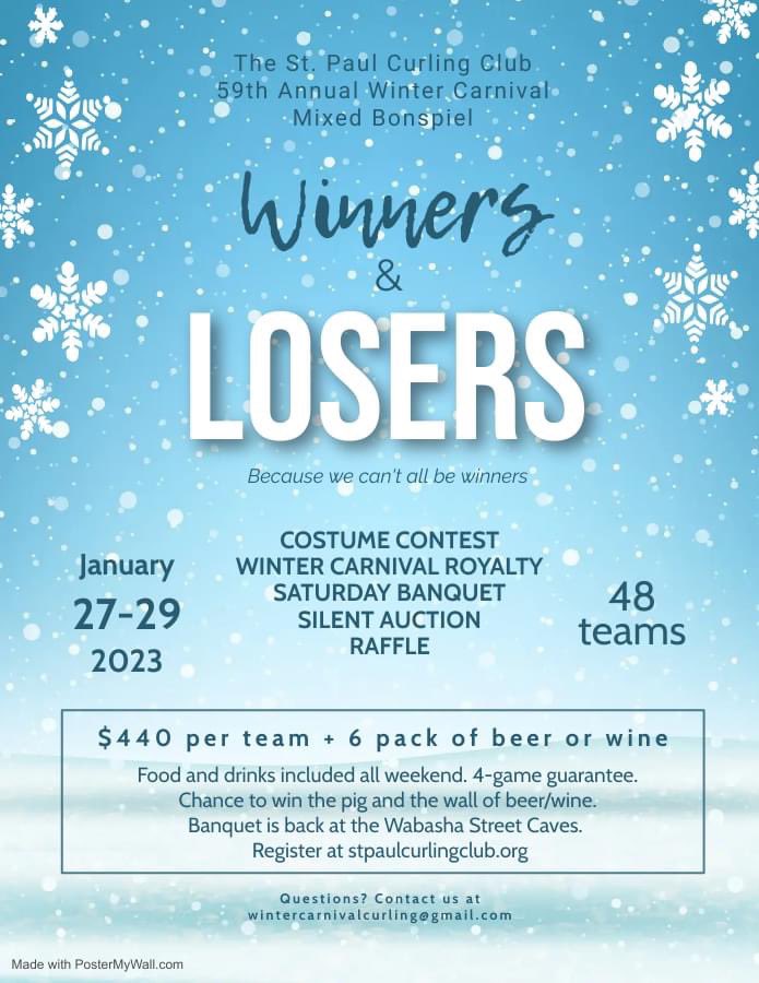 St Paul Curling Club (@stpcurl) on Twitter photo It's almost that time of year again! Register now for the Winter Carnival Bonspiel Jan 27-29 using the link below! For more information, contact wintercarnivalcurling@gmail.com.
stpaulcurlingclub.org/index.php/bons… It's almost that time of year again! Register now for the Winter Carnival Bonspiel Jan 27-29 using the link below! For more information, contact wintercarnivalcurling@gmail.com.
stpaulcurlingclub.org/index.php/bons…