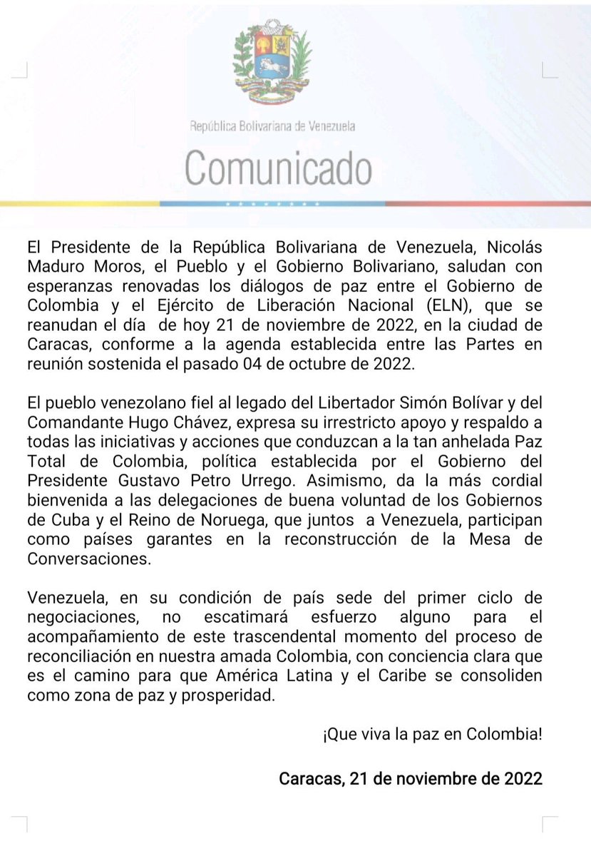 antvvenezuela's tweet photo. Comunicado del Pdte. @NicolasMaduro donde el pueblo y el Gobierno Bolivariano saluda el inicio del Diálogo entre el Gobierno de Colombia y el Ejército de Liberación Nacional (#ELN)
#20Nov #DialogosDePaz #DialogosELN #DialogoEnColombia https://t.co/GwGMondwP7