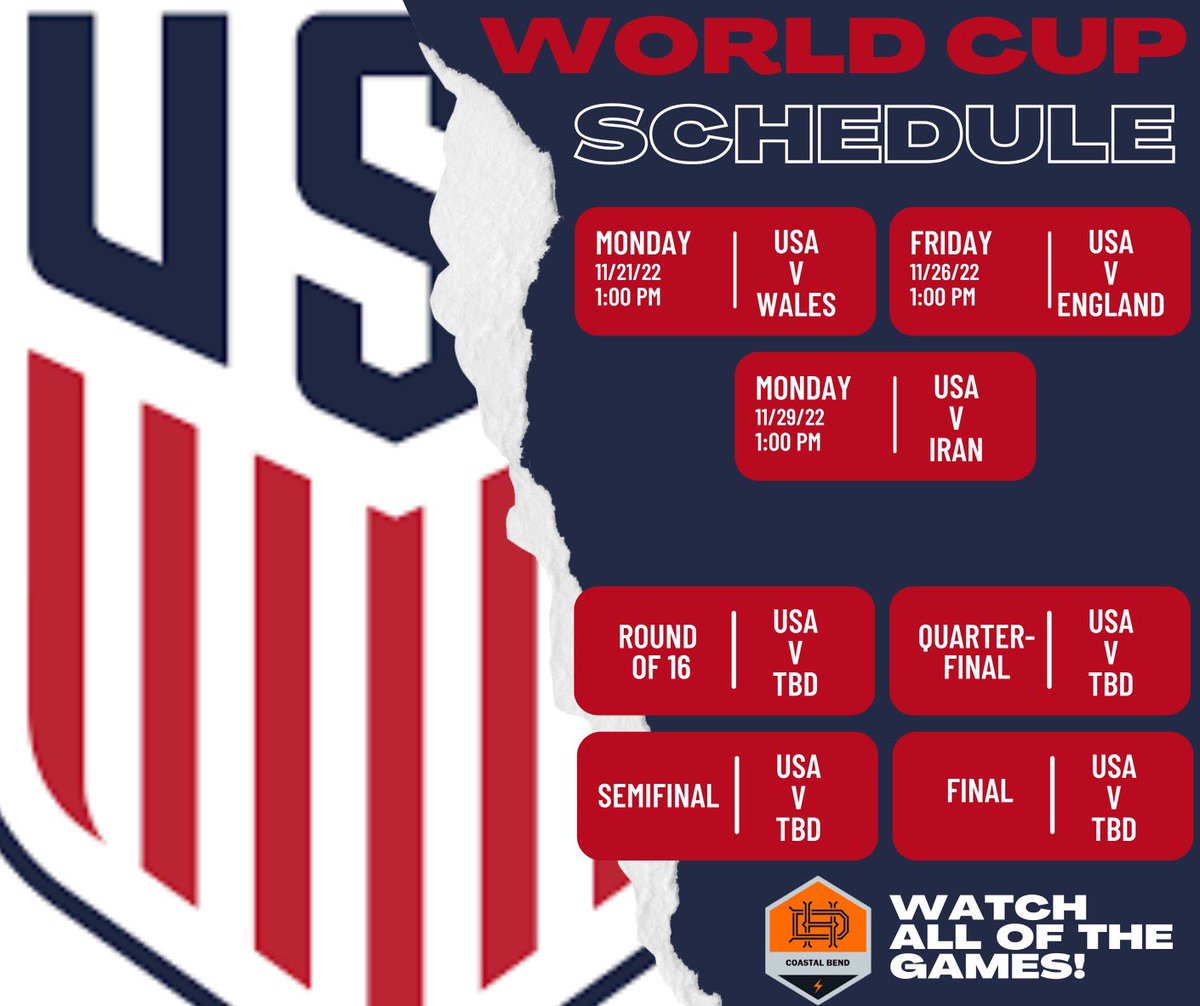 We hope everyone is as excited for the World Cup as we are!! Check out the schedule for Team USA. Make sure to tune in &amp; support! Plus, it’s a great opportunity for our young players to increase their understanding of the game. 
#USA #worldcup2022 #soccerIQ