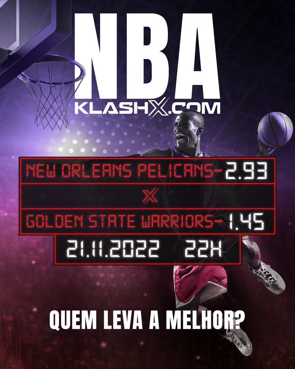 Jogão nesta segunda pela #NBA! 🏀

Pelicans e Warriors se enfrentam e você pode fazer uma fézinha em quem leva a melhor!

Aposte agora em nosso site! 🤑

➡️ bit.ly/Apostenaklashx

#klashx #nbatips #basquete #apostasesportivas