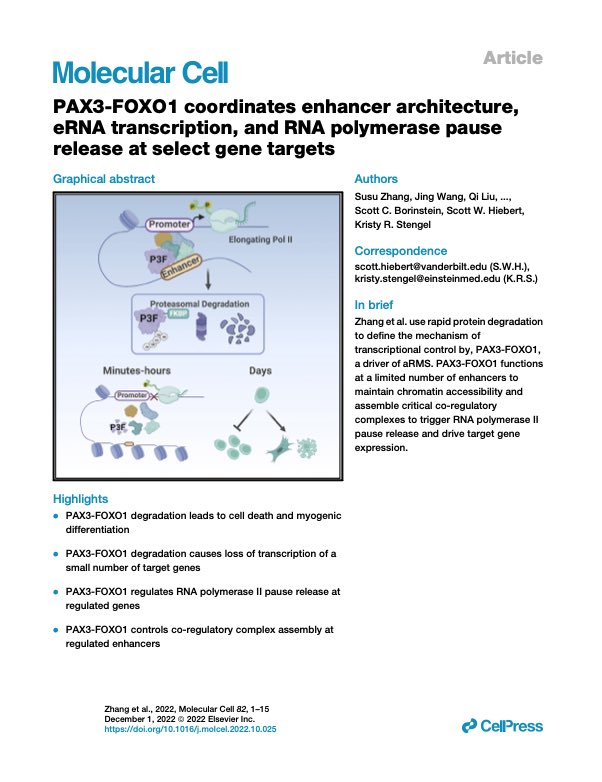 Very excited to share our work on PAX3-FOXO1 transcription regulation in aRMS now out in <a href="/MolecularCell/">Molecular Cell</a>. A huge thank you to everyone who supported and contributed to this project!!! <a href="/HiebertLab/">The Hiebert Lab</a>