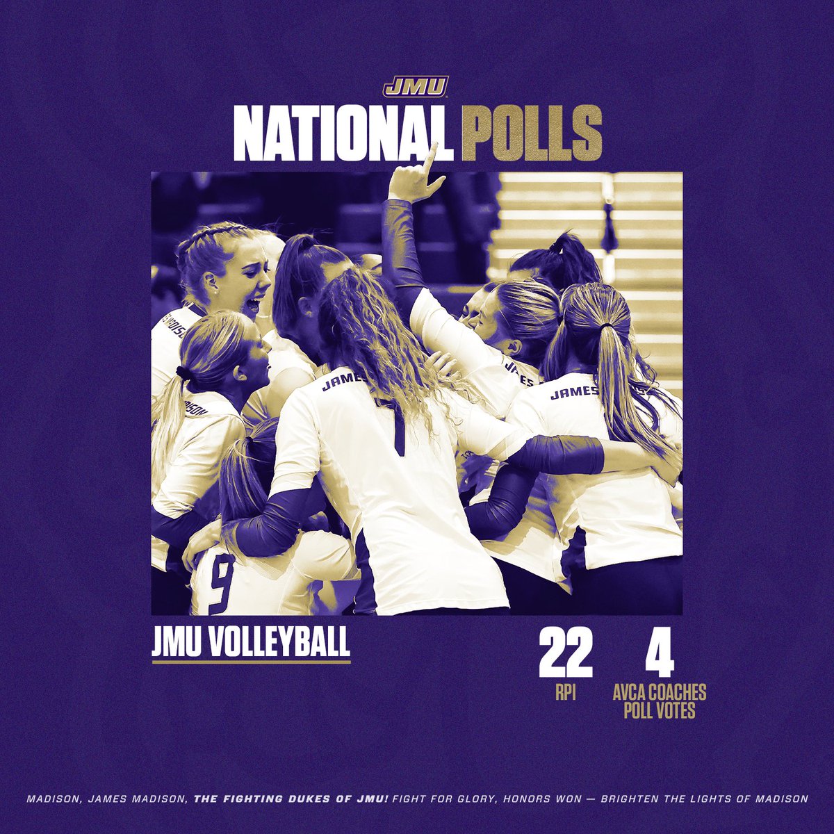 JMUVolleyball's tweet photo. The Dukes have received 4⃣ votes in the @AVCAVolleyball Coaches Poll!

On top of that, the Dukes continue to move up in the RPI, coming in at 2⃣2⃣!

#GoDukes https://t.co/Be5jS0dbOt