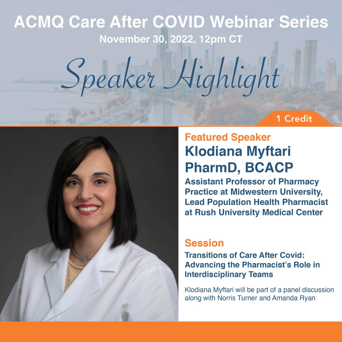 Highlighting one of our amazing speakers! Check out Klodiana Myftari as she participates in a panel discussion about advancing the Pharmacist's role in interdisciplinary teams. November 30th, 12pm CT. Registration open!
acmq.org/2022-annual-co…