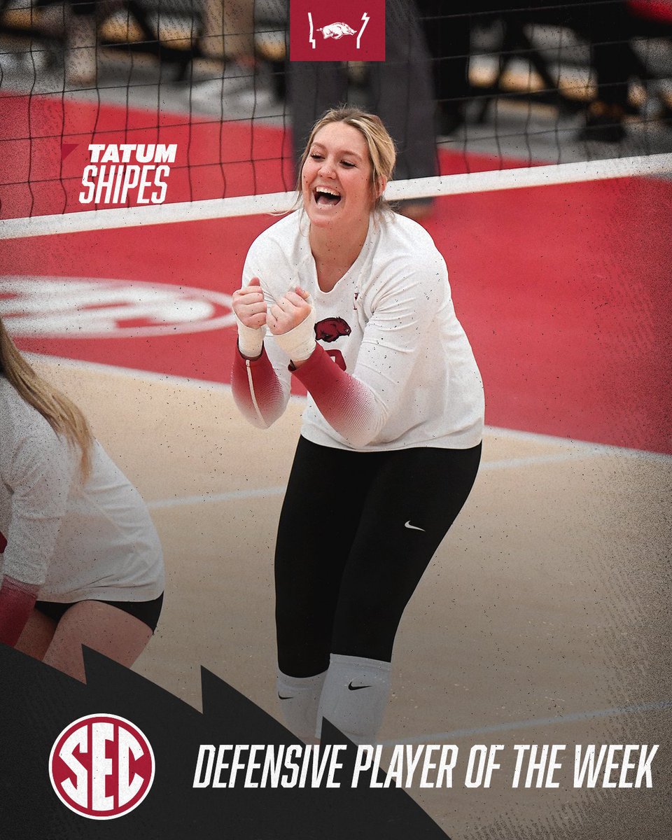 RazorbackVB's tweet photo. Our Razorback, @SEC's Defensive Player of the Week. 🐗

Congratulations to @TatumShipes on her first weekly honor as a Hog!

📰: https://t.co/ADy4L7ZAhi https://t.co/eGGI9BsJAY