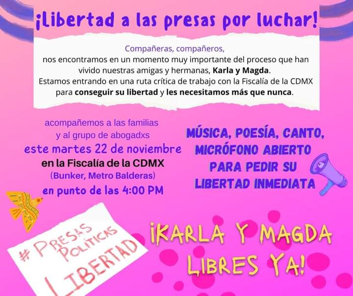 LibresYa_'s tweet photo. 🔥🔥🔥🔥🔥ALERTA🔥🔥🔥🔥🔥
Martes 22 Nov 4pm
TODAS(ES) AL BUNKER les esperamos, si quieren sumarse y participar, habrá micrófono abierto.
¡Karla y Magda, Libres Ya!
#LibertadATodasLasPresasPoliticas 
#PresxsPoliticxsLibertad 
#magdalibreya 
#karlalibreya 
#LibresYa https://t.co/JqFhv5jzA4