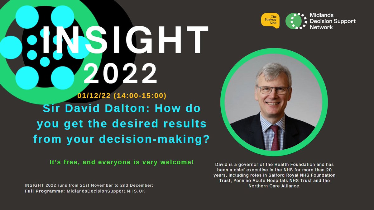 Strategy_Unit's tweet photo. Day 9 the grand finale of #INSIGHT2022
Join @HealthFdn Governor Sir David Dalton to close the festival with a special session on...
Getting desired results from your decision making
https://t.co/vyea5qiTML https://t.co/RHIv6W2T5K
