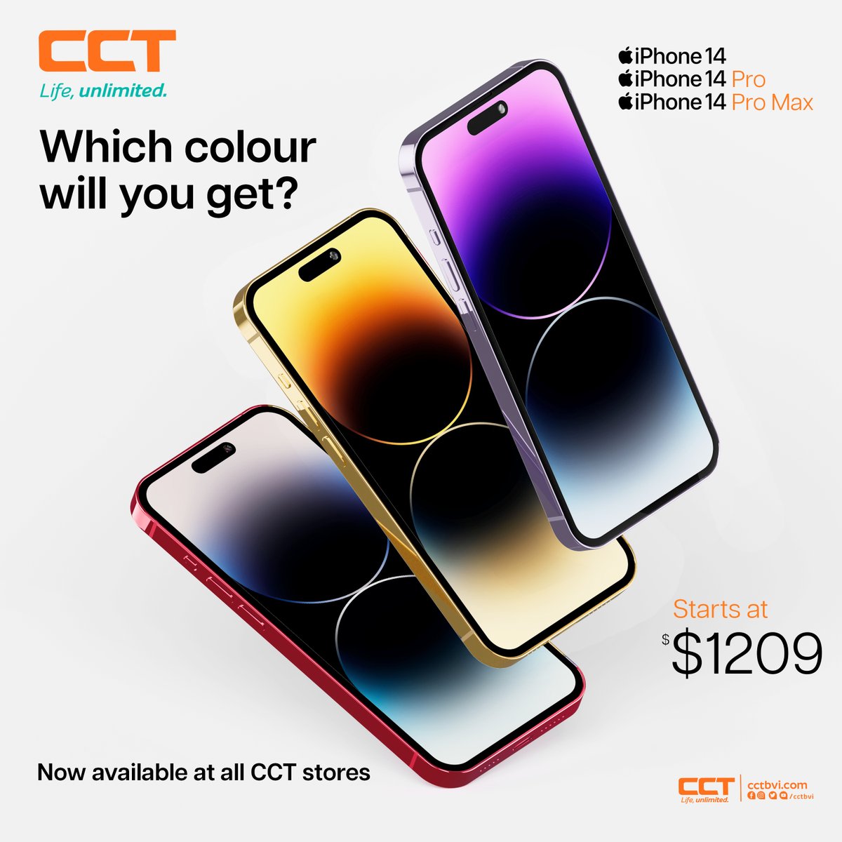CCTBVI's tweet photo. Which colour will you get?
They're going fast! Stop by our flagship or Virgin Gorda store and get your iPhone 14 today!
#cct #lifeunlimited #iPhone14 #รคpple #nowinstore https://t.co/yogCHq5q9H