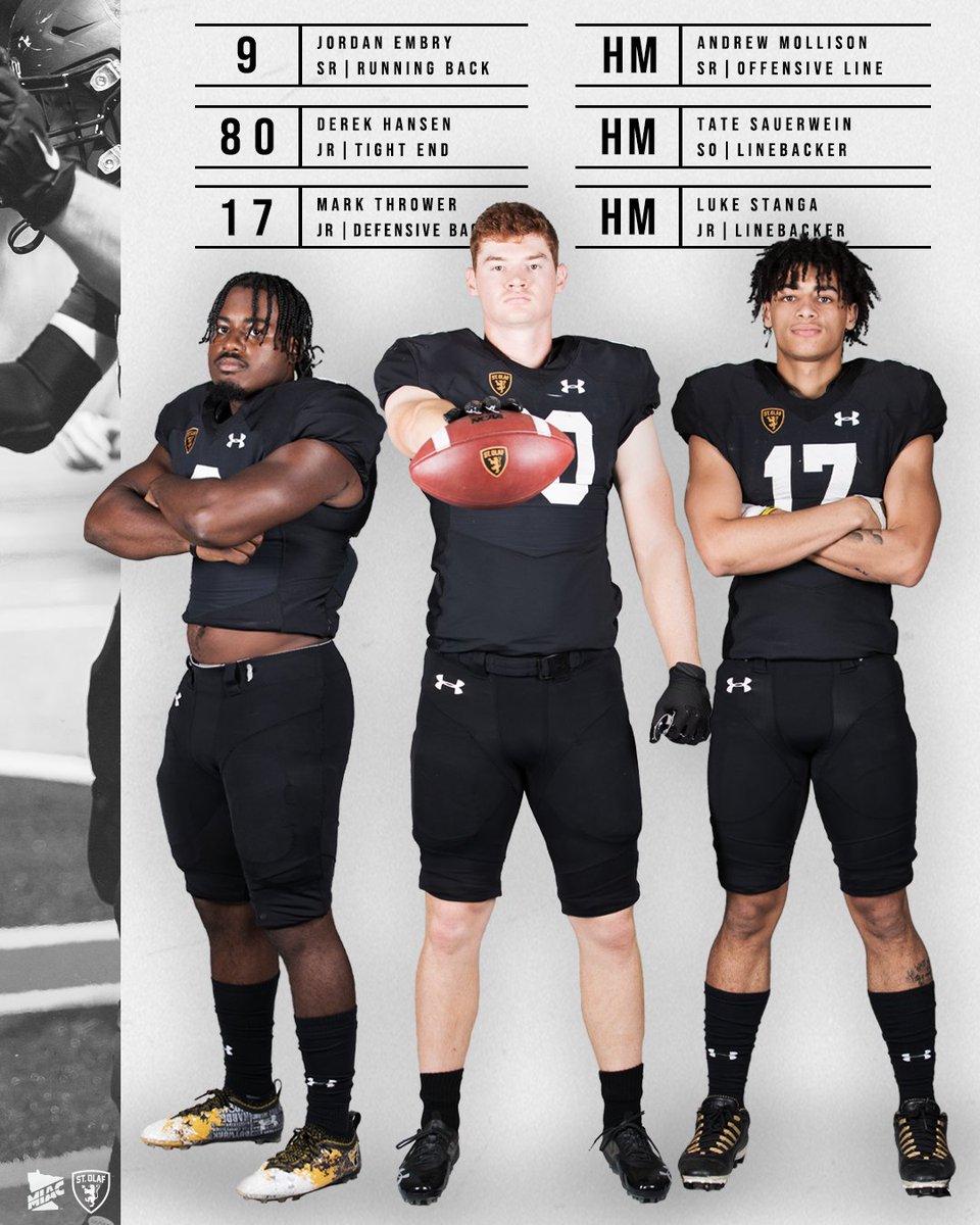Six members of the <a href="/StOlafFB/">St. Olaf Football</a> team were recognized in today's 2022 #MIAC Football Awards, led by All-MIAC honorees Jordan Embry, Derek Hansen, and Mark Thrower!

RELEASE: athletics.stolaf.edu/news/2022/11/2…

#UmYahYah | #OlePride | #d3fb