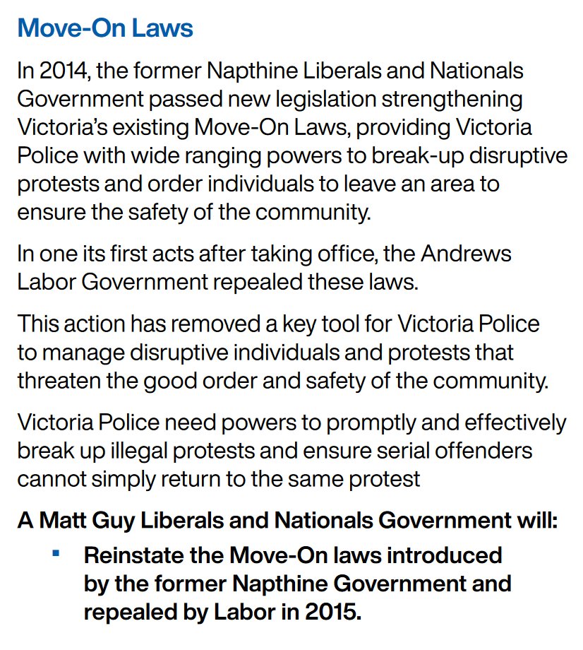ActivistLegal's tweet photo. A timely reminder that these hellishly draconian anti-protest 'Move-On' laws remain on the Coalition policy agenda seven years after a massive community & union campaign saw them repealed. #VicElections #VicVotes22 #VicPolWatch #RightstoProtest https://t.co/t8u7vb82bY