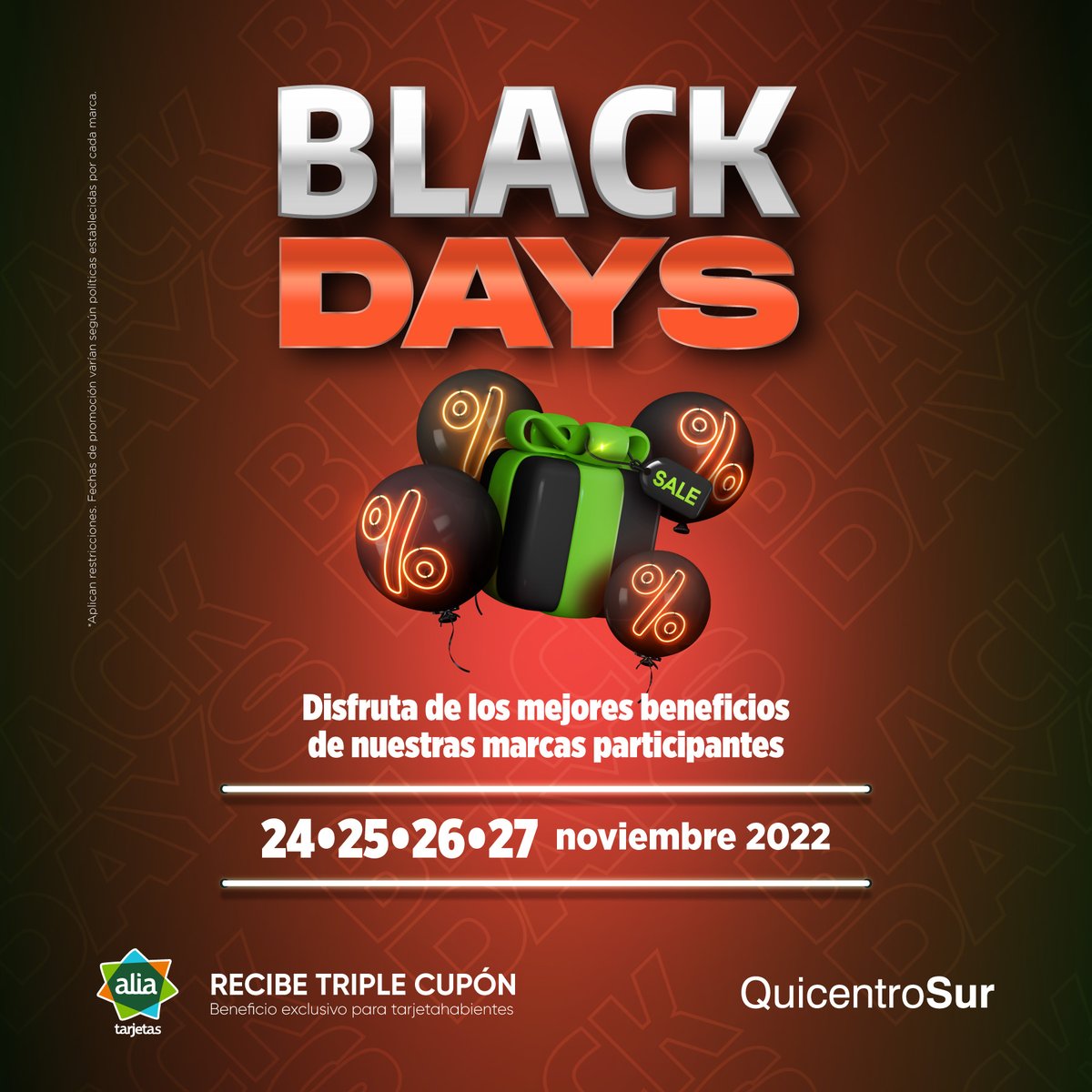 🖤⚫#BlackDays🖤⚫ ¡Tus marcas favoritas están en promoción!
Todas tus facturas desde $25 participan por nuestro gran premio de $30.000 y premios semanales en efectivo. Con tus tarjetas Alia recibes TRIPLE CUPÓN.
Registra tus facturas en quicentrosur.registragana.com