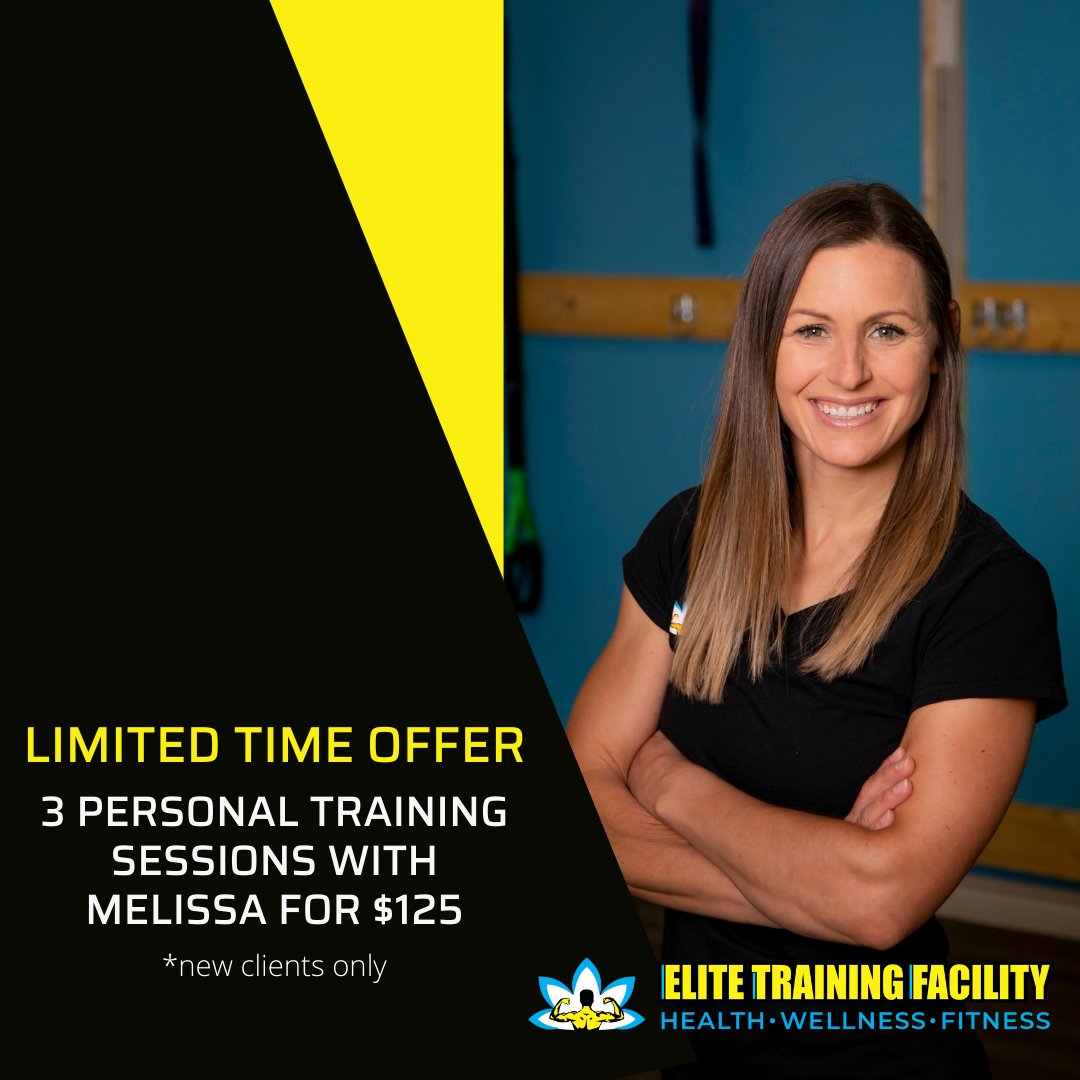 Elite Training Facility (@elitetf) on Twitter photo Don't wait till the new year!
Melissa is now accepting NEW CLIENTS!
Get started with this special offer!*
Info@EliteTrainingFacility.ca
519-603-4223
*new clients only, offer valid for first 3 sessions, regular PT pricing applies after first 3 sessions
#fitness #health #PT Don't wait till the new year!
Melissa is now accepting NEW CLIENTS!
Get started with this special offer!*
Info@EliteTrainingFacility.ca
519-603-4223
*new clients only, offer valid for first 3 sessions, regular PT pricing applies after first 3 sessions
#fitness #health #PT