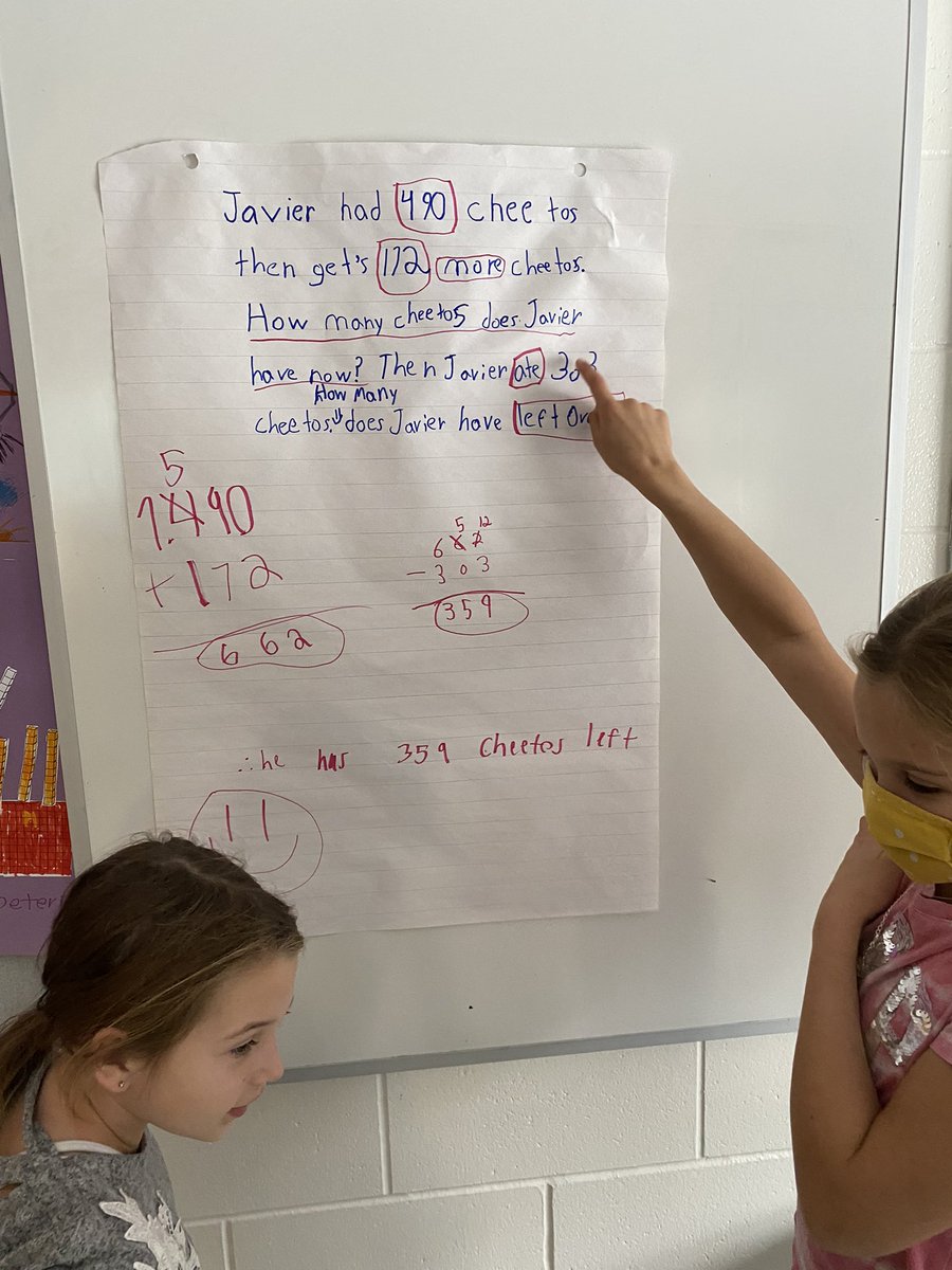 JuneauGr3's tweet photo. A new way to make partners for math! Students had to pull a 3 digit number and a cube from a bag and matching colours determined pairings. Then students combined their number and their ideas to write a word problem. S’s then rotated to solve another group’s question. https://t.co/BLeFMLQL3F