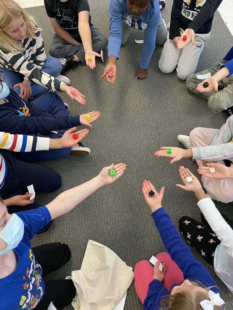 JuneauGr3's tweet photo. A new way to make partners for math! Students had to pull a 3 digit number and a cube from a bag and matching colours determined pairings. Then students combined their number and their ideas to write a word problem. S’s then rotated to solve another group’s question. https://t.co/BLeFMLQL3F
