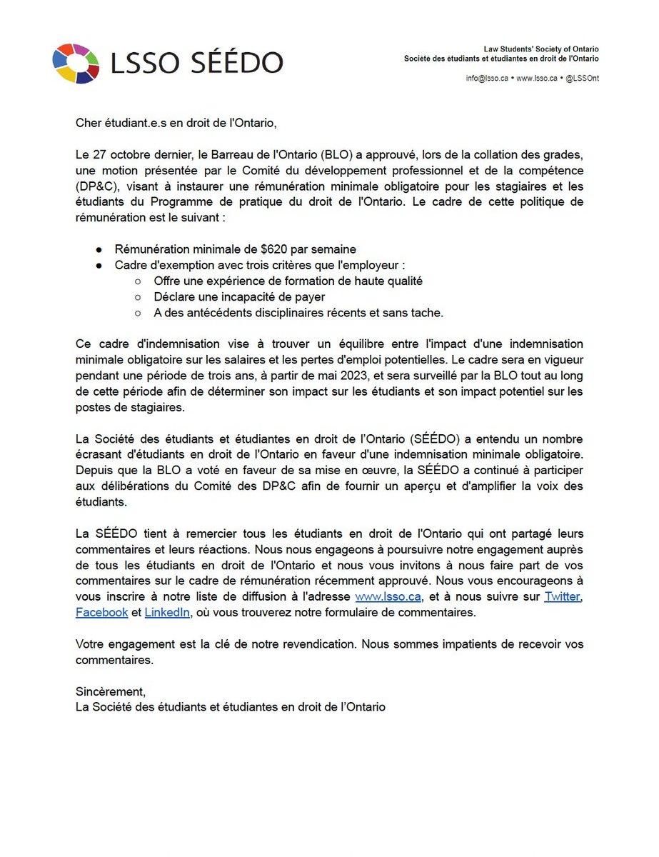 The LSSO has issued a statement regarding the LSO's recent development concerning the mandatory minimum compensation for Ontario articling students and Law Practice Program (LPP) students.

Hopefully, this statement helps to inform you of the development.