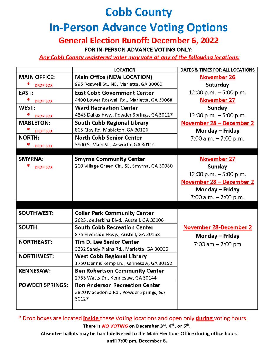 cobbcountygovt's tweet photo. Advance voting begins Saturday - locations and times. Absentee ballots can be placed in drop-boxes during advance voting hours at specified locations. https://t.co/OUpKkrBBmc