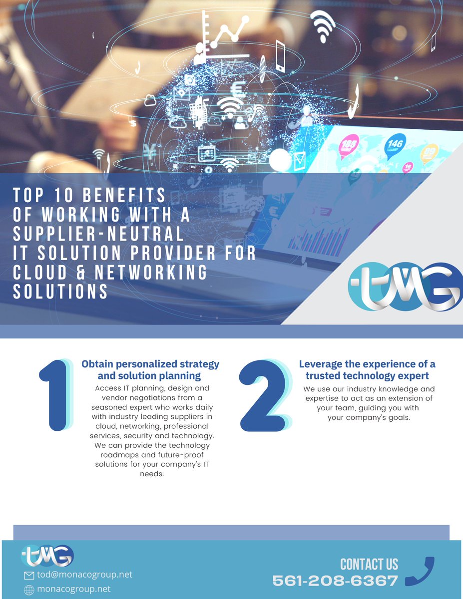 TheMonacoGroup1's tweet photo. Today’s companies are gaining massive benefits from leveraging strategic cloud and networking services. If you’re considering a migration to the cloud or an integrated networking solution, here are 10 reasons to partner with a supplier-neutral IT solution provider. https://t.co/0STqyzJZUM