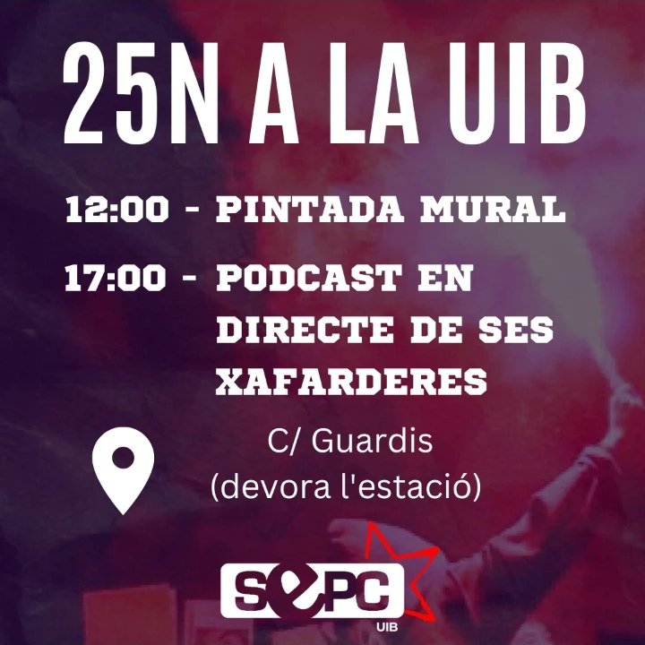 SEPC_UIB's tweet photo. 🟣JORNADA PEL 25N A LA UIB🟣

⚠️Aquest #25N per plantar cara a la violència masclista, les estudiants hem organitzat una diada reivindicativa.
👉La diada comença a les 12h amb el mural participatiu a C/Guardis, devora l'estació de metro. Vine i participa!💪💜 https://t.co/67FQmD9HML