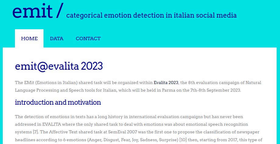 In this edition of #EVALITA2023, included in the track affect, EMit – Categorical Emotion Detection in Italian Social Media (O. Araque, S. Frenda, D. Nozza, V. Patti, R. Sprugnoli)
di.unito.it/emit23 #NLP #AILC <a href="/AILC_NLP/">AILC_NLP</a>