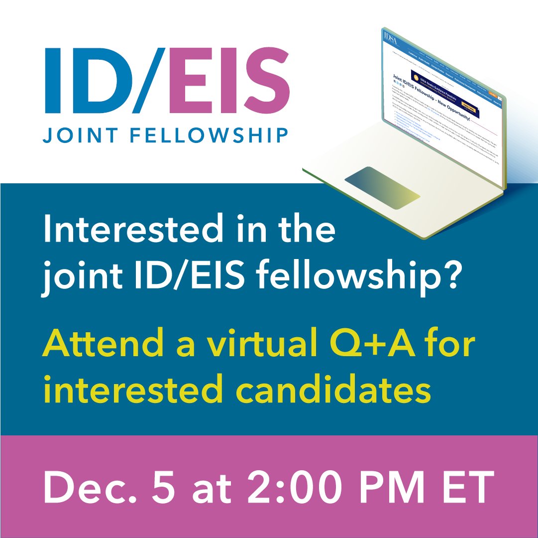 Michelle Floris-Moore, MD, MS, FIDSA (@mfm_id_md) on Twitter photo So happy that <a href="/UNC_ID/">UNC Division of Infectious Diseases</a> will be a site for this exciting new program!
Join experts at IDSA, Dec. 5 at 2pm ET for a Q&A webinar on the new Joint ID/EIS Fellowship to learn more about how the program could fit your training plans. Register: bit.ly/3tazlEI #IDEISFellowship. So happy that <a href="/UNC_ID/">UNC Division of Infectious Diseases</a> will be a site for this exciting new program!
Join experts at IDSA, Dec. 5 at 2pm ET for a Q&A webinar on the new Joint ID/EIS Fellowship to learn more about how the program could fit your training plans. Register: bit.ly/3tazlEI #IDEISFellowship.