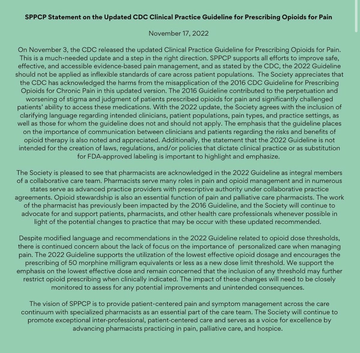 📄 SPPCP Statement on the Updated CDC Clinical Practice Guideline for Prescribing Opioids for Pain