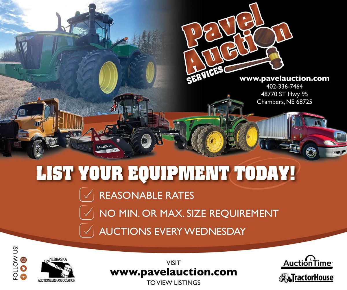 ‼️ Year End ‼️ The end of the year is rapidly approaching and so are the End of the Year Auctions! Equipment prices are still hot and we’ve got time to get your equipment listed!! Call Brant @ 402-336-7464 to get your equipment consigned today!!#PavelAuction #SoldbyPavel