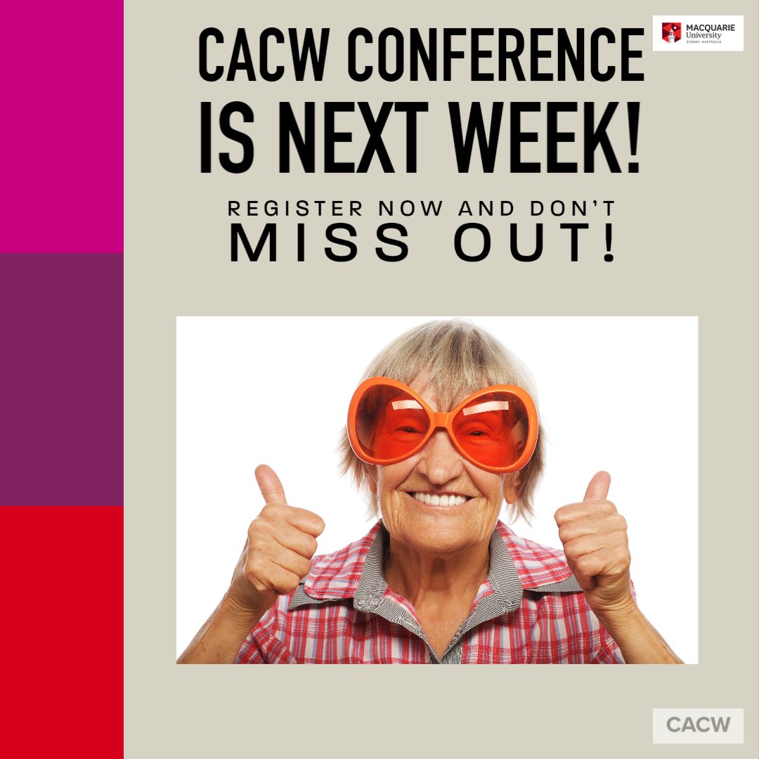 Centre for Ageing, Cognition, and Wellbeing (@cacw_mq) on Twitter photo The CACW Conference is NEXT WEEK! 
Register Now and Don't Miss out!
eventbrite.com.au/e/cacw-2022-an… 
More info mq.edu.au/research/resea…
#CACW #conference2022 #research #knowledgesharing #health #psychology #dementia #olderpeople #olderadults #wellbeing #cognition #ageing #healthyageing The CACW Conference is NEXT WEEK! 
Register Now and Don't Miss out!
eventbrite.com.au/e/cacw-2022-an… 
More info mq.edu.au/research/resea…
#CACW #conference2022 #research #knowledgesharing #health #psychology #dementia #olderpeople #olderadults #wellbeing #cognition #ageing #healthyageing
