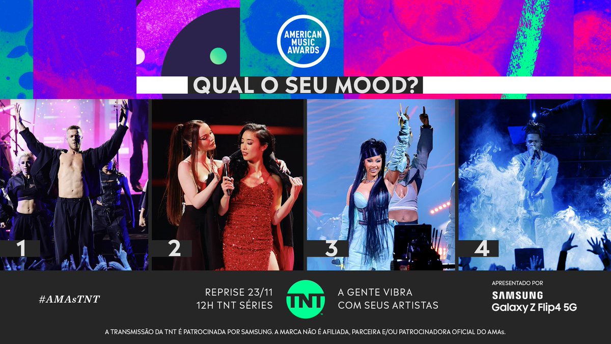 De 1 a 4, qual é o seu mood de hoje? Só pode escolher um! 😜 

Não perca a reprise do #AMAsTNT, quarta, meio-dia, na TNT Series. 

Oferecimento: @samsungbrasil 

#GalaxyZFlip4 5G