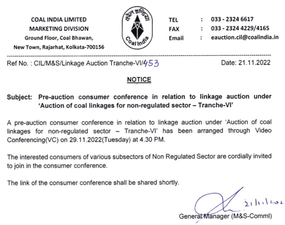 CoalNet's tweet photo. .@CoalIndiaHQ announced Pre-auction consumer conference in relation to linkage auction for non-regulated sector - Tranche-VI; through VC on 29.11.2022 at 4:30 PM @secl_cil @mahanadicoal @CCLRanchi @TeamWCL @easterncoal @easterncoal @NCL_SINGRAULI @BCCLofficial https://t.co/tSX08MmeuE
