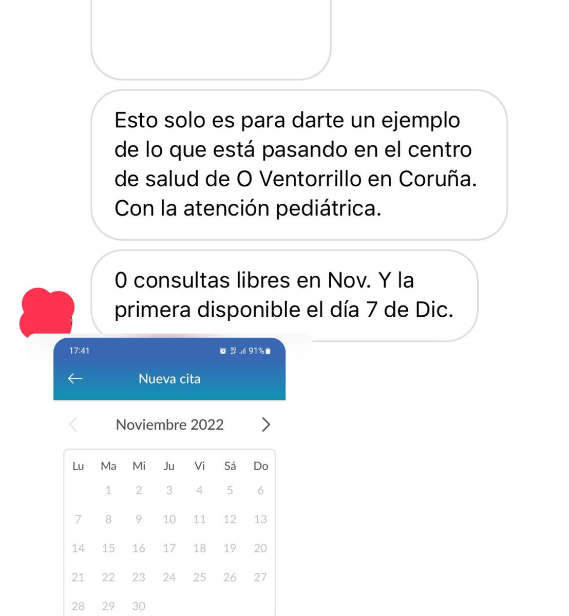 EnfrmraSaturada's tweet photo. A esto es a lo que me refiero. Me han llegado decenas de mensajes así. En este caso, en A Coruña, la primera cita disponible es para el 7 de Diciembre. ¿Qué hace con su hijo enfermo? Pues ir a Urgencias porque quien dirige el sistema no le deja otra opción. https://t.co/9vC2cKDG4x