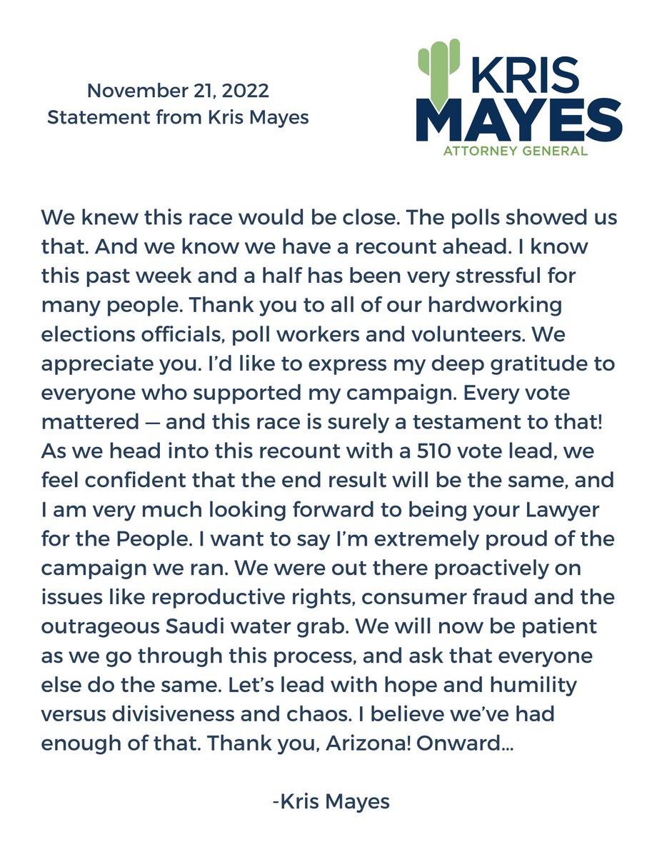 Kris Mayes (@krismayes) on Twitter photo My statement. Love you, Arizona. My statement. Love you, Arizona.
