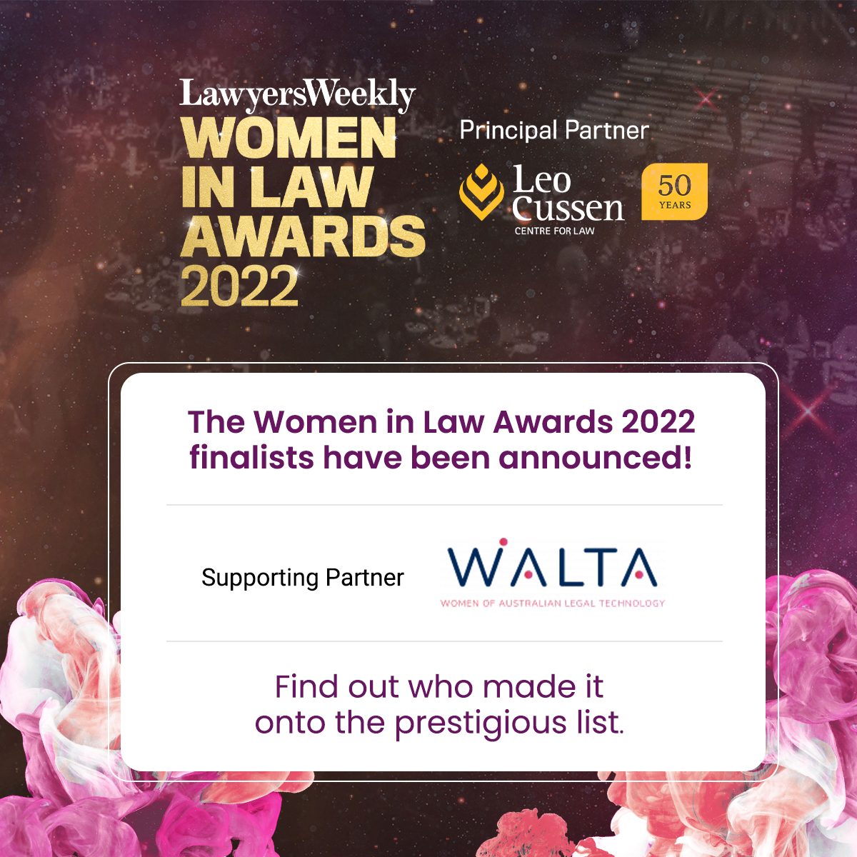ALTA - Australian Legal Technology Association (@altadotlaw) on Twitter photo WALTA is a proud supporting partner of the <a href="/LawyersWeekly/">Lawyers Weekly</a> Women in Law Awards for 2022, where we celebrate the rising stars of women in law on Thursday 24 November, Grand Hyatt Melbourne.
To learn more visit: womeninlaw.com.au.
#WomeninLawAwards WALTA is a proud supporting partner of the <a href="/LawyersWeekly/">Lawyers Weekly</a> Women in Law Awards for 2022, where we celebrate the rising stars of women in law on Thursday 24 November, Grand Hyatt Melbourne.
To learn more visit: womeninlaw.com.au.
#WomeninLawAwards