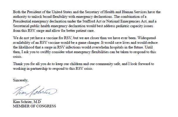 Rep. Kim Schrier, M.D. (@repkimschrier) on Twitter photo Children's hospitals across the country are full because of an RSV surge. We need immediate action to meet the needs of hospitals and families. That's why I'm calling on <a href="/POTUS/">President Donald J. Trump</a> and <a href="/SecBecerra/">Secretary Xavier Becerra</a> to act today and declare an emergency. Children's hospitals across the country are full because of an RSV surge. We need immediate action to meet the needs of hospitals and families. That's why I'm calling on <a href="/POTUS/">President Donald J. Trump</a> and <a href="/SecBecerra/">Secretary Xavier Becerra</a> to act today and declare an emergency.