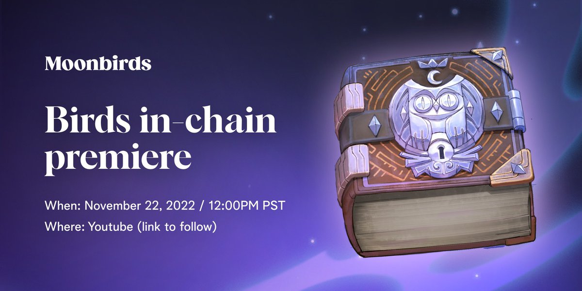 Tomorrow, Moonbirds finally go “in-chain”. Join us for a YouTube premiere of the interview with <a href="/kevinrose/">Kevin Rose</a> <a href="/divergencearran/">Arran</a> <a href="/cxkoda/">cxkoda ) _ ) )</a> and <a href="/divergenceharri/">Harri</a>, and a live Q&amp;A session to discuss this incredible innovation, and what’s next for Moonbirds! See you soon 👀
